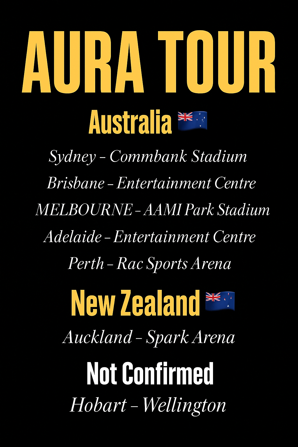 Aura Tour text-only poster with unconfirmed cities and venues