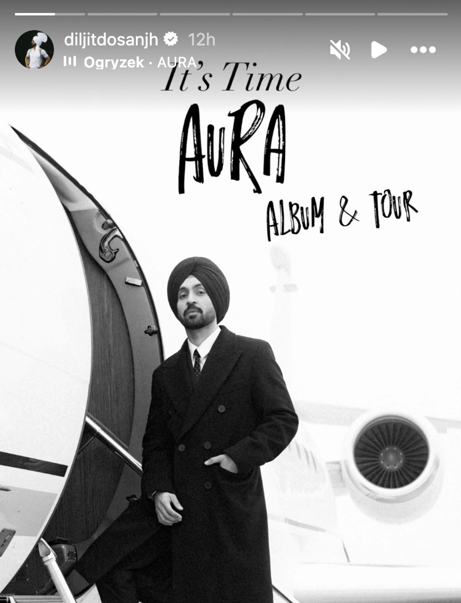 Aura Tour 2025 banner image of Diljit Dosanjh with a jet, announcing his new album and tour.